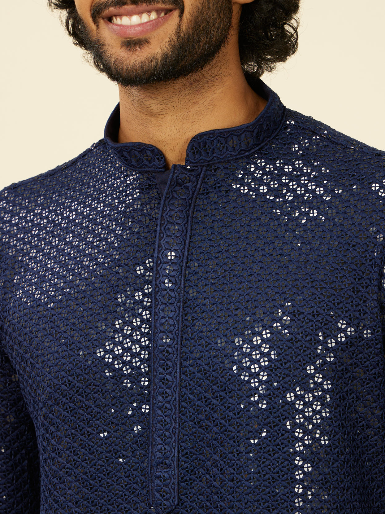 alt message - Manyavar Men Dark Blue Chikankari Kurta Set image number 1